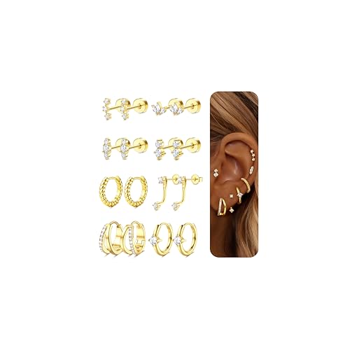 Gold Earrings for Women Flat Back Earrings Hypoallergenic Earring Stacks | 14K Gold Plated Surgical Stainless Steel Earring Set Chain Cartilage Earrings - Helix Piercing Jewelry for Women Trendy Gold - color: Gold 1