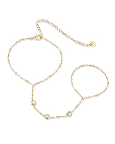 PAVOI Hand Chain Bracelet for Women, 14K Gold Plated Adjustable Ring Chain | Hand Chain Bracelet, Ring Bracelet Hand Chain, Arm & Body Jewelry - style: Bezel