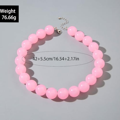 Colorful Chunky Beaded Necklace for Women Acrylic Bead Choker Necklaces Fashion Large Round Beads Necklaces for Women Handmade Summer Jewelry - color: Pink Beaded Necklace