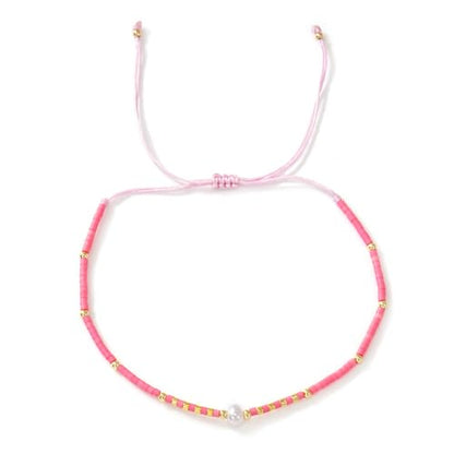 Boho Colorful Glass Gold Plated Seed Beaded Bracelets or Women, Handmade Romantic Freshwater Pearl Adjustable String Braided Rope Jewelry, Summer Beach Daily Party Friendship Gift - color: Pink