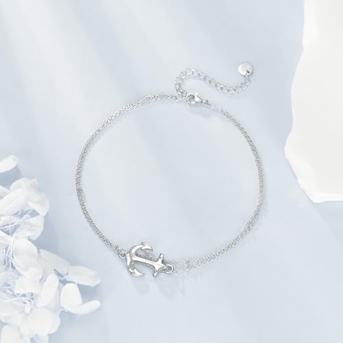 925 Sterling Silver Cat Butterfly Anklets Double Layered Chain for Birthday Women Ankle Bracelet Summer Beach Dainty Jewelry - style: Anchor Anklet