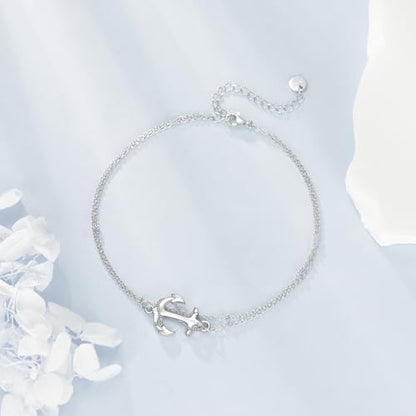 925 Sterling Silver Cat Butterfly Anklets Double Layered Chain for Birthday Women Ankle Bracelet Summer Beach Dainty Jewelry - style: Anchor Anklet