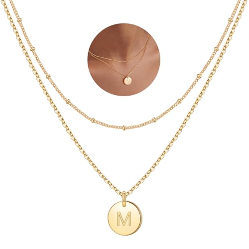 IEFWELL Initial Necklaces for Women Girls, Disc Letter A-Z Layered Necklace | Disc Necklaces for Women Girls, 14K Gold Plated, Double Side Engraved Coin Necklaces, Jewelry Birthday Gifts for Teen Girls - color: Gold, size: 14"+2"/16"+2", style: M