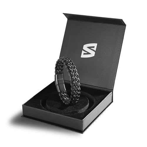 SERASAR | Premium Genuine Leather Bracelet [Steel] for Men in Black | Magnetic Stainless Steel Clasp in Black, Silver and Gold | Exclusive Jewellery Box | Great Gift Idea - color: Black, size: 17cm