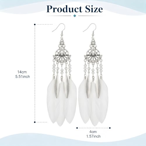FRESHME Feather Earrings for Women - Native American Jewelry Boho Dangle Ethnic Indian Ear Drop for Music Festival Birthday - color: White