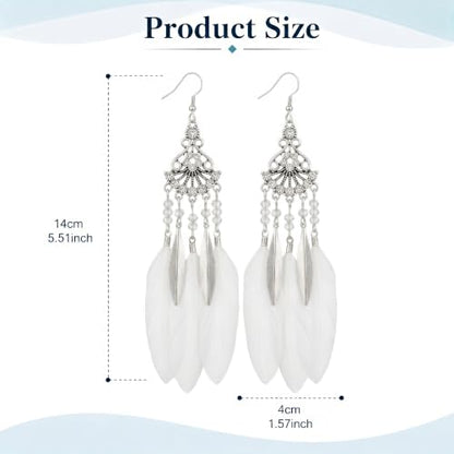 FRESHME Feather Earrings for Women - Native American Jewelry Boho Dangle Ethnic Indian Ear Drop for Music Festival Birthday - color: White