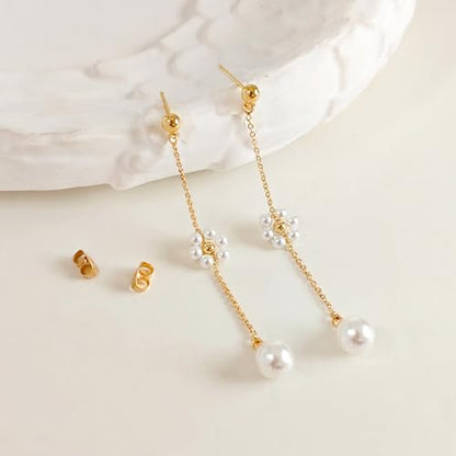 Pearl Earrings for Women 14k Gold/Silver Pearl Drop Earrings Long White Pearl Tassel Dangle Statement Earrings Bridal Wedding Dainty Prom Earrings Birthday Gifts Jewelry - color: Gold Daisy Pearl Drop Earrings