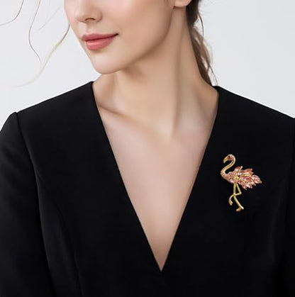 Flamingo Brooch Pins for Women Crystal Rhinestone Pink Bird Animal Broach Dresses Coat Jacket Birthday Wedding Festival Jewellery Gifts