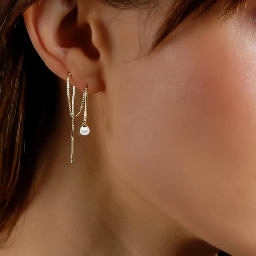 Threader Pearl Earrings for Women - Long Dangle with Simulated Pearls | Plated in Gold Tone or Silver Tone - color: Single Simulated Pearl - 14K Gold Plated