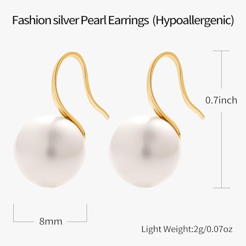 Pearl Drop Earrings for Women | S925 Sterling Silver-plated Hook Dangle Earrings, Lightweight Hypoallergenic Classic Round Pearl Jewelry Gift - color: Gold Hook-White Pearl, size: 8mm