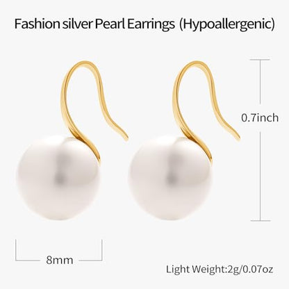 Pearl Drop Earrings for Women | S925 Sterling Silver-plated Hook Dangle Earrings, Lightweight Hypoallergenic Classic Round Pearl Jewelry Gift - color: Gold Hook-White Pearl, size: 8mm