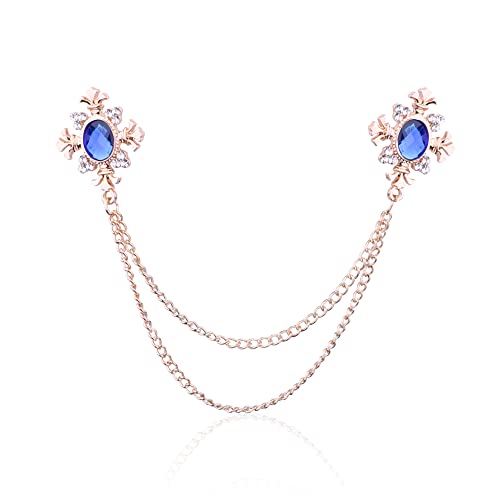 Anmpab Cross Crystal Tassel Chain Brooch Gold Silver Tassel Collar Pins Broochs Rhinestone Lapel Pin for Men Women Suit Accessories - color: Blue