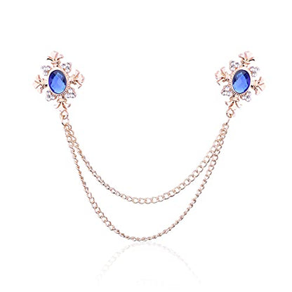 Anmpab Cross Crystal Tassel Chain Brooch Gold Silver Tassel Collar Pins Broochs Rhinestone Lapel Pin for Men Women Suit Accessories - color: Blue