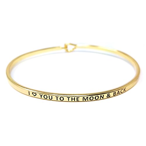 by you Inspirational Positive Message Engraved Thin Cuff Bangle Hook Bracelet - color: I Love You to The Moon & Back-Gold