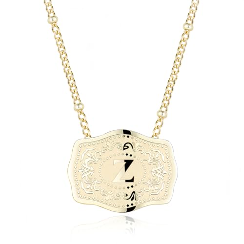 14K Gold-Plated Initial Necklace for Women, Western Belt Buckle Letter Pendant, Alphabet Necklace Includes 2 Chains, Cowgirl Jewelry Gift - color: Z