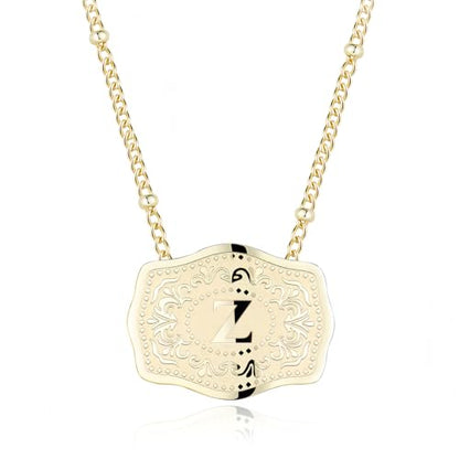 14K Gold-Plated Initial Necklace for Women, Western Belt Buckle Letter Pendant, Alphabet Necklace Includes 2 Chains, Cowgirl Jewelry Gift - color: Z