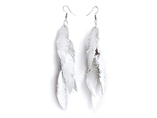 Leather Feather Earrings, Suede layered earrings, boho wedding jewelry, summer earrings, gift for her, dangle earrings - color: white