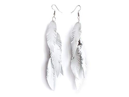 Leather Feather Earrings, Suede layered earrings, boho wedding jewelry, summer earrings, gift for her, dangle earrings - color: white