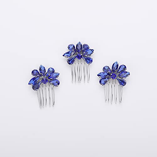 Teyglen Simple Rhinestones Crystal Bride Wedding Hair Comb Set Handmade Red Blue Black Crystal Side Hair Combs Bridal Hair Jewelry Set for Women Bride Girls (Blue) - color: Blue