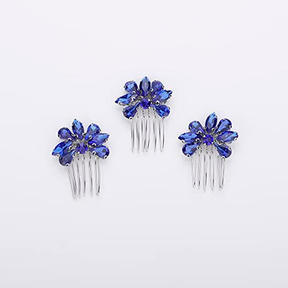 Teyglen Simple Rhinestones Crystal Bride Wedding Hair Comb Set Handmade Red Blue Black Crystal Side Hair Combs Bridal Hair Jewelry Set for Women Bride Girls (Blue) - color: Blue
