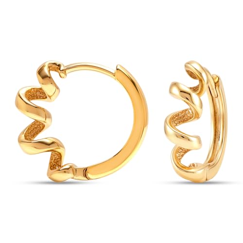 Huggie Hoop Earrings for Women - 14K Gold Plated Spiral Twister Hoop Earring | Zig-Zagging Ripple Pattern Hoop Earring | Wavy Huggie Hoops | Waterproof Twisted Wave Hoop Earrings 15MM