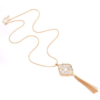 MOLOCH Long Necklaces For Woman Disk Circle Pendant Necklaces Tassel Fringe Necklace Set Statement Pendant - color: quatrefoil--gold-Floral
