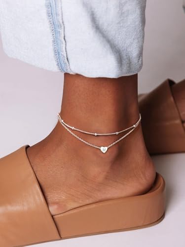ChicSilver Sterling Silver Anklets for Women 925 Ankle Bracelets for Women Layered Heart Anklet With Beaded Anklets for Women - style: 19.S