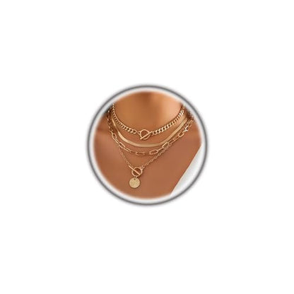 Rrdaily Gold Layered Stack Necklace Set for Women, Retro Thick Cuban Chain Coin Medallion Pendant Necklace,Paperclip Chain Heart Clasp Choker Jewelry Gift - color: Gold