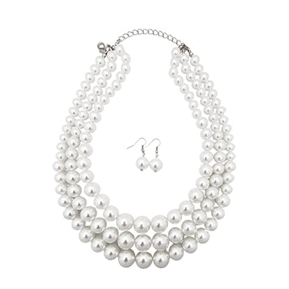 Fashion 21 Women's Faux Pearl Three Multi-Strand Statement Necklace and Earrings Set - color: White