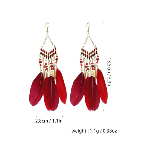 Faux Feather Fringe Tassel Long Dangle Earrings for Women | Bohemian Women Tassel Drop Jewelry - color: dark red