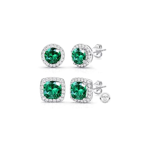 2 Pairs S925 Sterling Silver Stud Earrings for Women Halo Cubic Zirconia | 14K Gold Plated Hypoallergenic Non Tarnish Round Square Silver Stud Earring for Women Men Dainty Trendy Jewelry - style: Silver-Green Stone