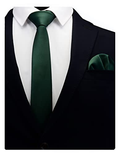 GUSLESON 2.4" Slim Necktie and Handkerchief Set For Men Solid Skinny Tie Set - color: Green
