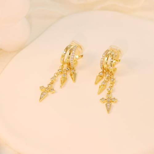 Clip On Earrings for Women Chain Moon Star Cross Hoop Dangle Earring No-Pierced Gold Silver - color: Cross,Gold tone