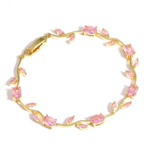 Tulip Flower Bracelet for Women 14K Gold Plated Stainless Steel with Colorful Cubic Zircon Dainty Cute Pink Rose Floral Jewelry Gift for Her Crystal Flower Leaf Bracelets -7.5inch/190mm - color: Pink Gold
