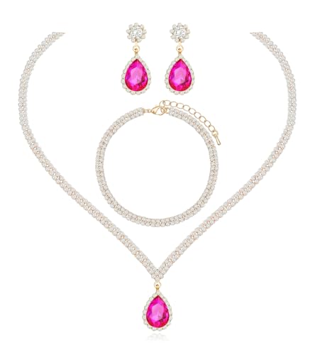 Elegant Silver Crystal Wedding Necklace Earrings Bracelet Jewelry Set for Women Brides Bridesmaids Prom Party Costume Accessory Bridal Jewelry - color: gold tone-hot pink