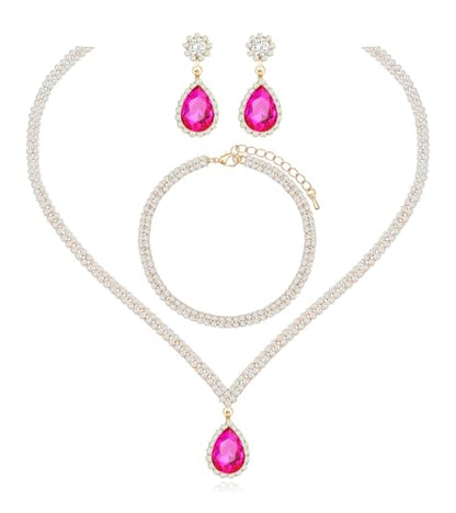 Elegant Silver Crystal Wedding Necklace Earrings Bracelet Jewelry Set for Women Brides Bridesmaids Prom Party Costume Accessory Bridal Jewelry - color: gold tone-hot pink