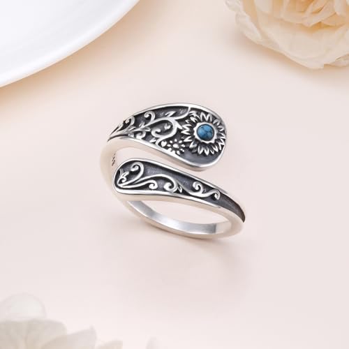 FLYOW Sterling Silver Sunflower Spoon Ring Victorian Style Boho Antique Flower Adjustable Open Ring Retro Statement Cubic Zirconial/Turquoise/Oxidized Thumb Rings for Women Birthday Christmas Jewelry - style: Turquoise Oxidized-7