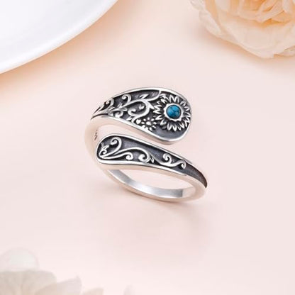 FLYOW Sterling Silver Sunflower Spoon Ring Victorian Style Boho Antique Flower Adjustable Open Ring Retro Statement Cubic Zirconial/Turquoise/Oxidized Thumb Rings for Women Birthday Christmas Jewelry - style: Turquoise Oxidized-7