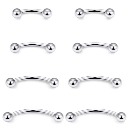 Eyebrow Piercing Jewelry Surgical Steel Vertical Labret Lip Jewelry Curved Barbell Tiny Eyebrow Ring Ear Rook Navel Small Belly Button Ring for Women Men 16g Bar Length 6mm/8mm/10mm/12mm - color: silvertone,ball