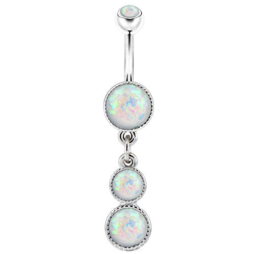 Cute Dangly Opal Belly Button Rings 14g 316L Stainless Steel Dangle Navel Rings for Women Belly Button Piercing Dangling Navel Bar - color: White Opal