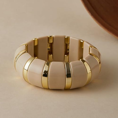 YBMYCM Acrylic Chunky Bangles Bracelets for Women Resin Gold-plated Stackable Stretch Bracelet Wide Wristbands Gift Jewelry - color: Beige