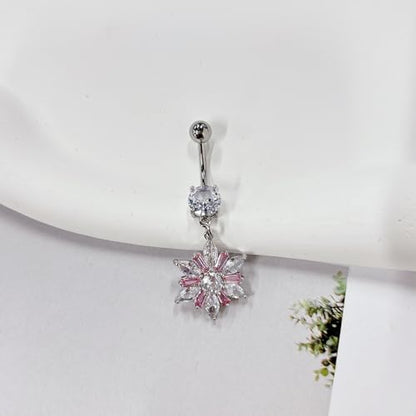 14G Dainty Rhinestone Flower Dangle Navel Ring for Women Fashion Statement Snowflake Crystal Drop Belly Button Rings Sparkly CZ Barbell Stud Sexy Body Piercing Jewelry - color: Silver