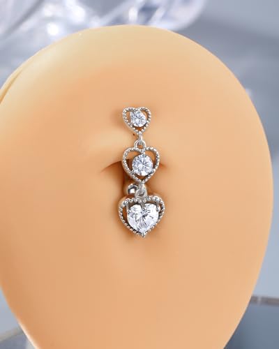 Triple Heart Dangle Belly Button Rings - 14G Reverse Navel Rings Dangly Cute Belly Piercing Jewelry - Stainless Steel - color: Silver