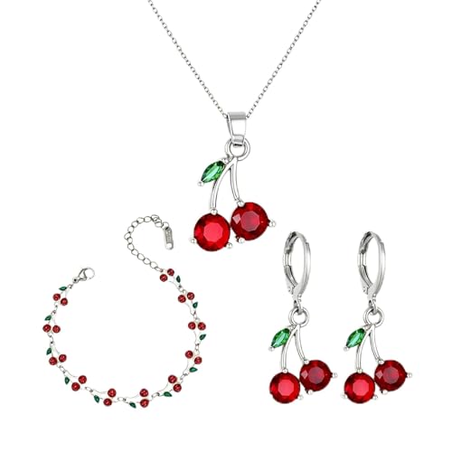 MALOYANVE Red Cherry Jewelry Set for Women 18K Gold Plated Sweet Fruit Dainty Cubic Zirconia Cherry Earring Necklace and Bracelet Summer Tropical Charm Accessories - color: Silver