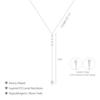 Luxval Lariat Silver Necklace for Women, Dainty Long Necklace Silver Y-Shaped Pendant Necklaces Trendy Beaded Chain Drop Necklaces Jewelry for Women Gifts - color: Silver-4CZ Y Necklace