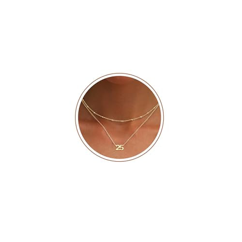 Number Necklace for Women, 14K Gold Plated Layered Chain Number Pendant Jewelry Gifts for Sister Mom Girlfriend Daughter - style: Number-25