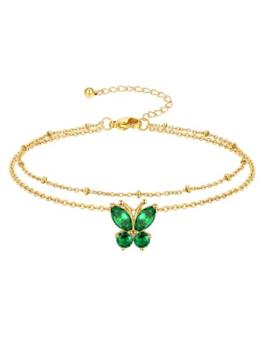 Richsteel Double Layer Heart/Butterfly Birthstone Anklet for Women | Non Tarnish Waterproof, Silver/Gold/Black Stainless Steel 8.5-10.5 Inch Adjustable Chain Anklets Summer Beach Foot Jewelry - color: Gold Butterfly-05 May(Emerald)