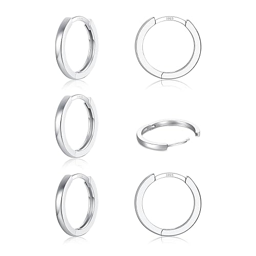 3 Pairs 925 Sterling Silver Small Huggie Hoop Earrings for Women Men | 14K White Gold Plated, Hypoallergenic, Small Silver Hoops - color: H-Silver 3Pairs 8mm