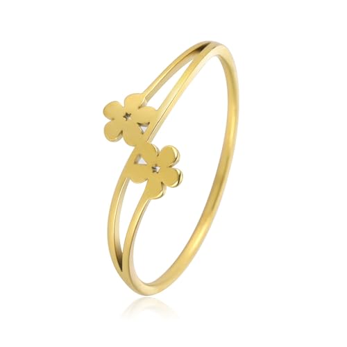 Minimalist Double flower Ring Gold, Silver Stainless Steel Accessories Size 7-11 Polished Jewelry Delicate Everyday Stackable Rings for Women - color: Gold