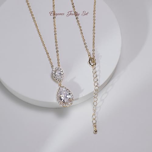 Bridal Jewelry Set for Women, Cubic Zirconia Teardrop Bride Bridesmaid Necklace and Earrings Set for Wedding Prom Formal - color: 14K Gold